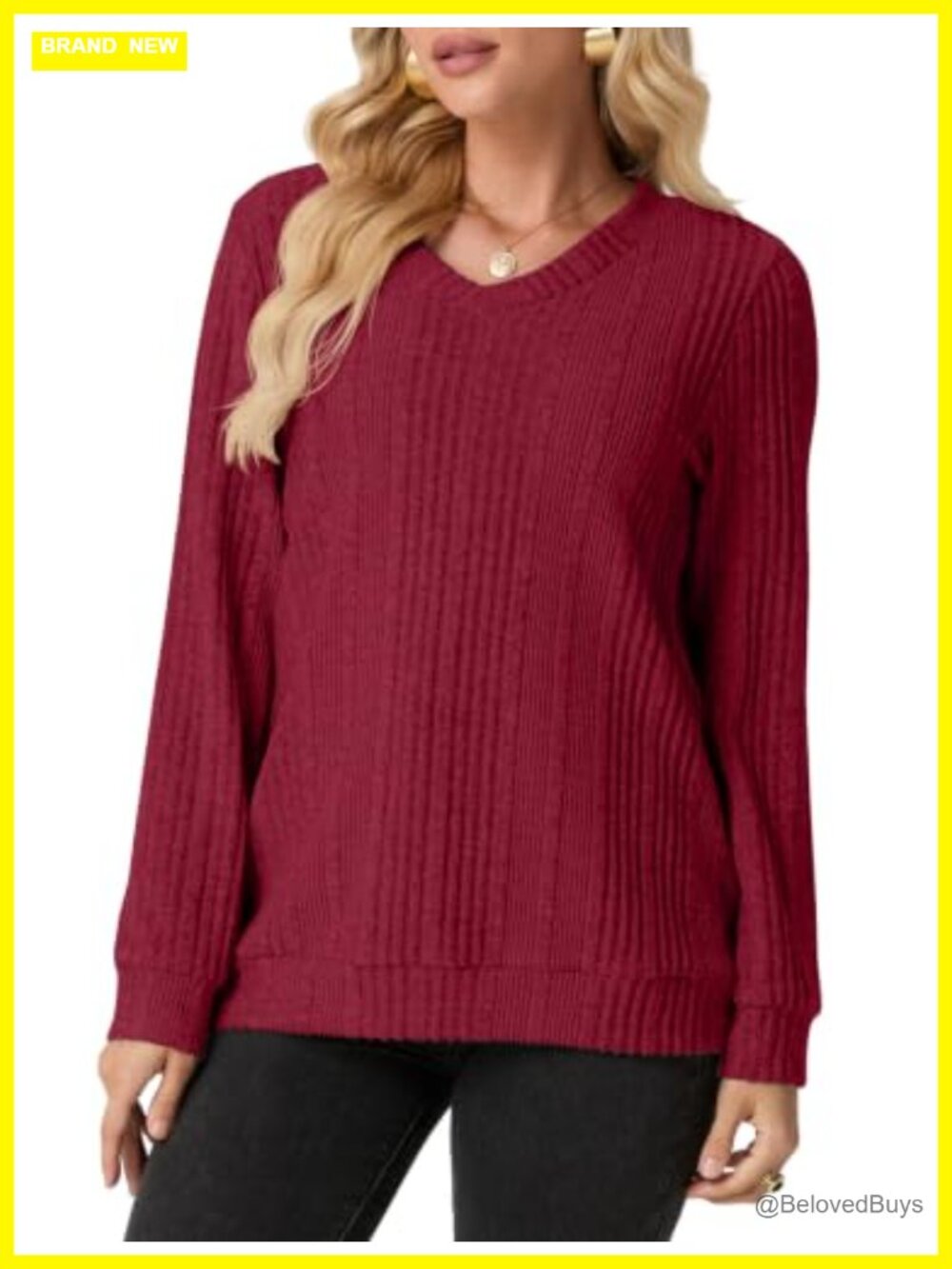 Womens V Neck Long Sleeve Tunic Sweater Pullover Ribbed Knit